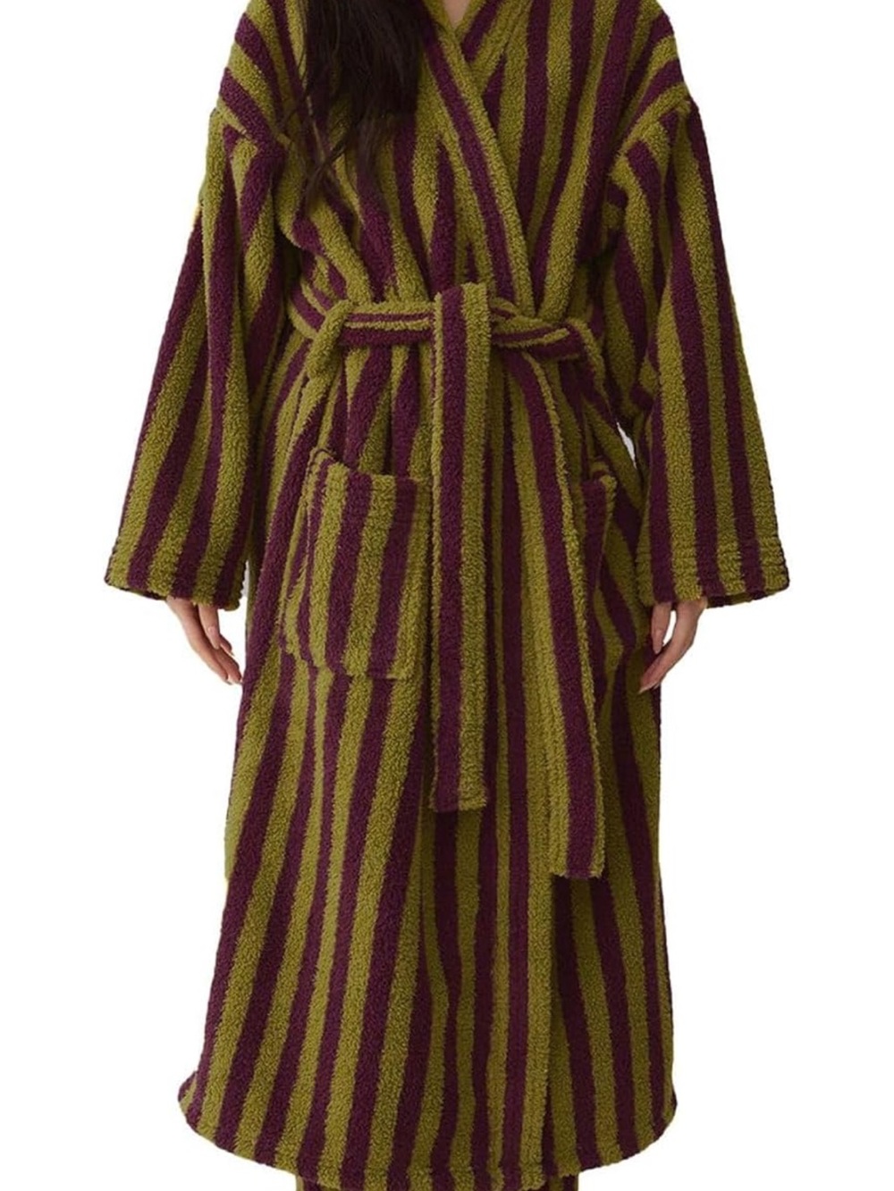 Amazon Plush Striped Bath Robe in Olive Green and Plum